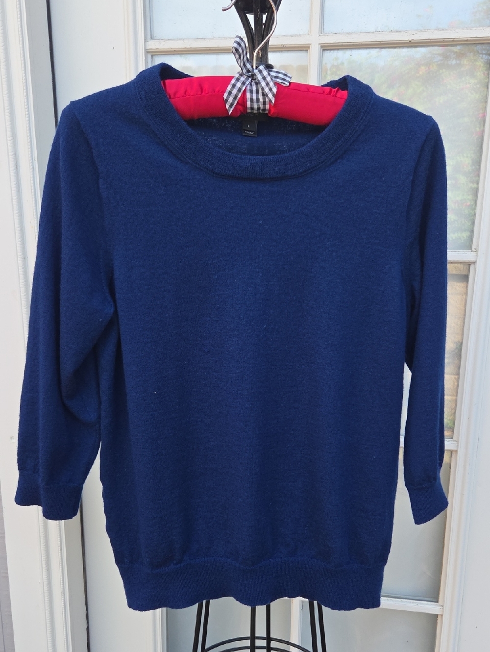 J. Crew Deep Navy Crewneck Sweater, 100% Merino Wool, 3/4 Sleeve, Size L
